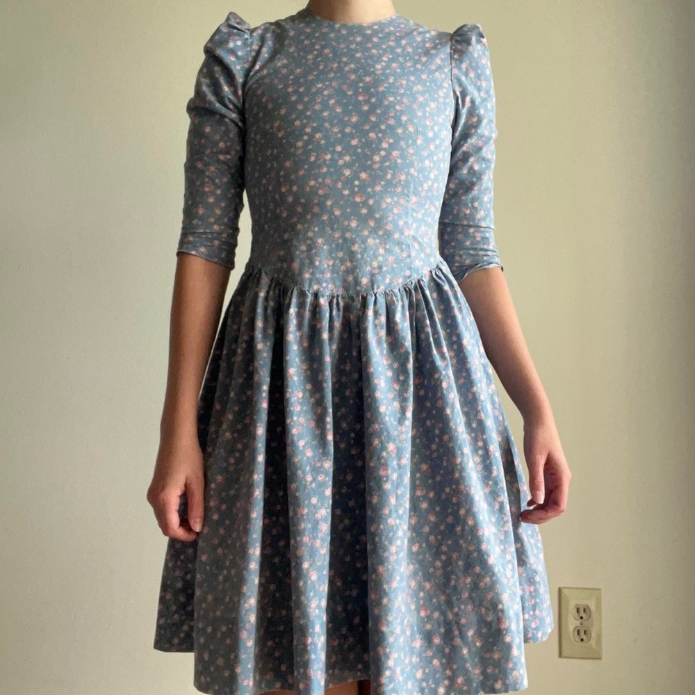 Handmade Prairie Calico Dress Vintage 70s Cottagecore Blue/Pink Floral Print
